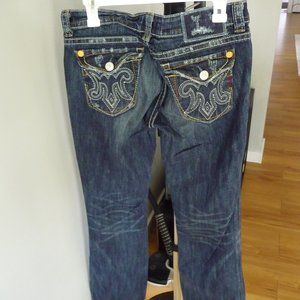 MEK DENIM women's dark wash blue distressed mid rise  jeans size 31/34